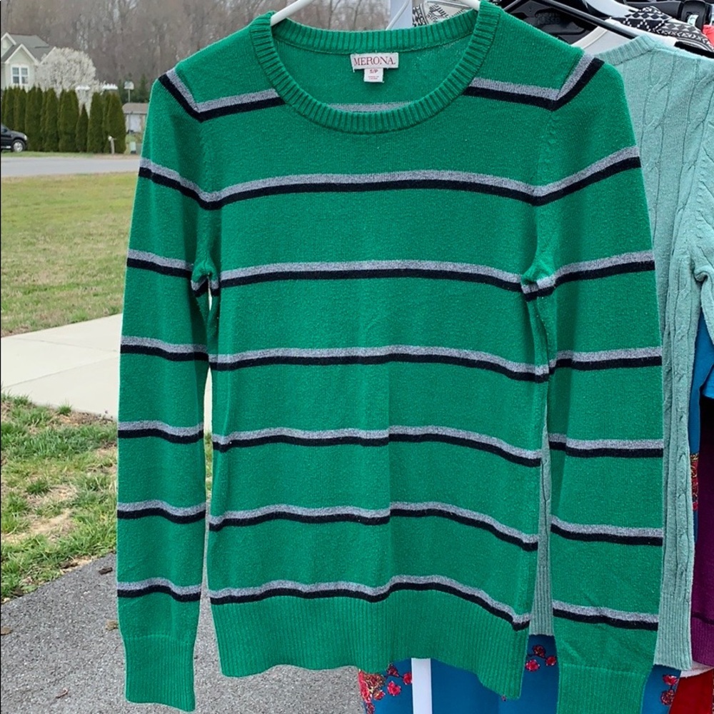 Green Merona Sweater with black and gray stripes